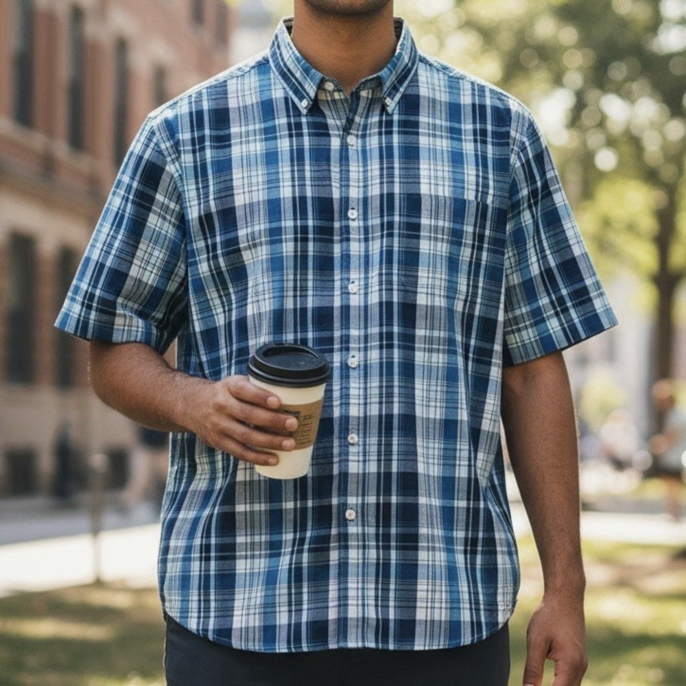 George Button Up Short Sleeve Shirt Teal Plaid Crisp
